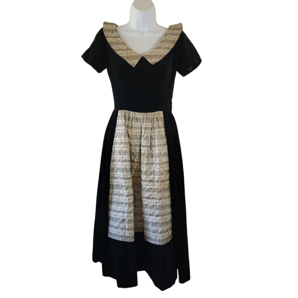 VTG 70's Lanz Original US Black Velvet Cream Jacquard Milkmaid Apron Midi Dress